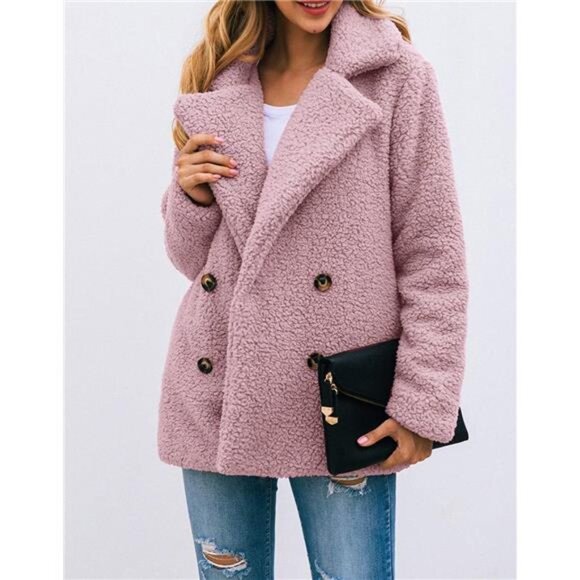 Women's Sherpa Fleece Faux Fur Trendy Jackets Pink2 - Picture 4 of 6